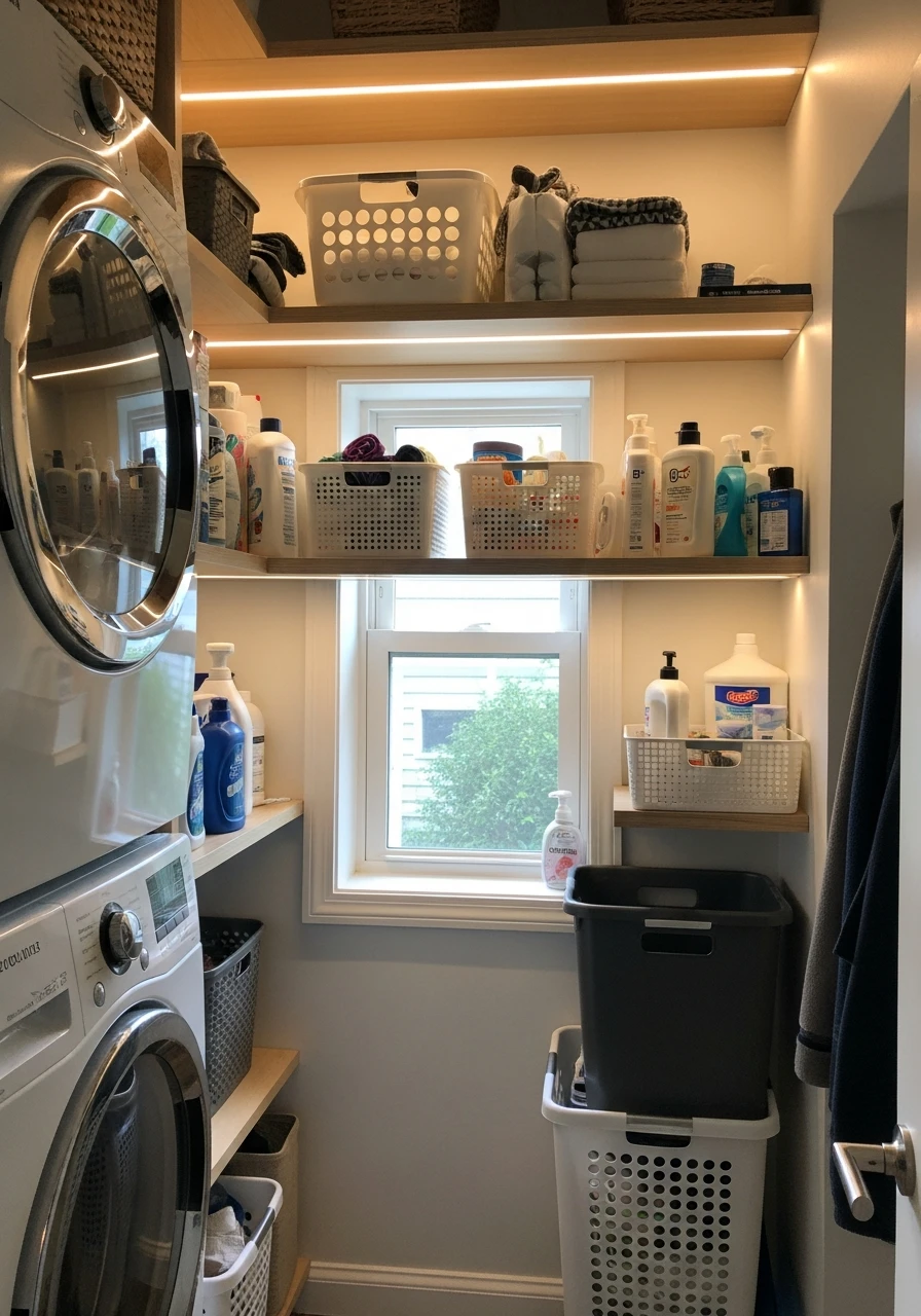 Light Inside Shelves - 50 Genius Narrow Laundry Room Ideas That Maximize Every Inch