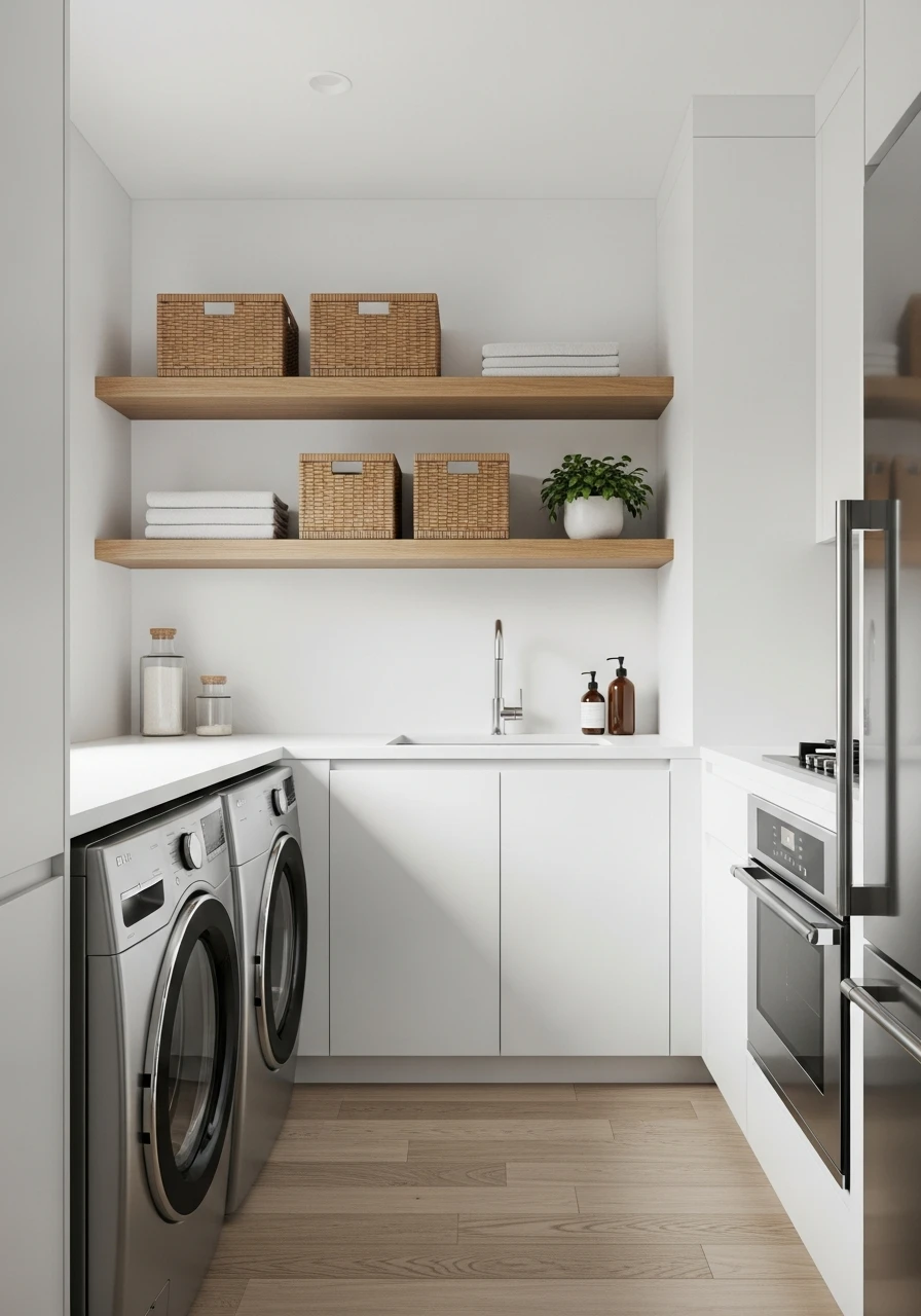 Warm Wood Details - 50 Genius Narrow Laundry Room Ideas That Maximize Every Inch