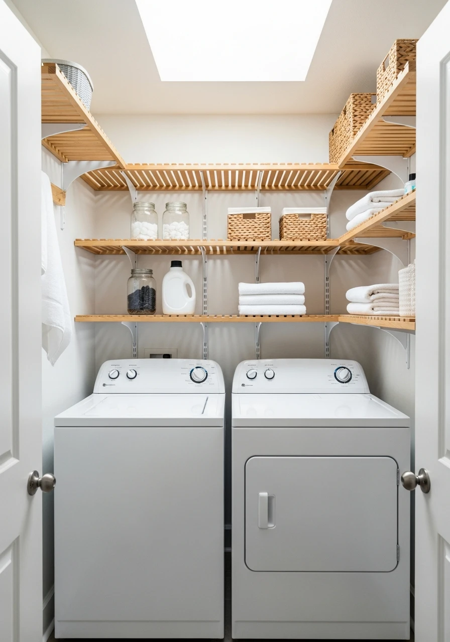 Use Slatted Shelves - 50 Genius Narrow Laundry Room Ideas That Maximize Every Inch