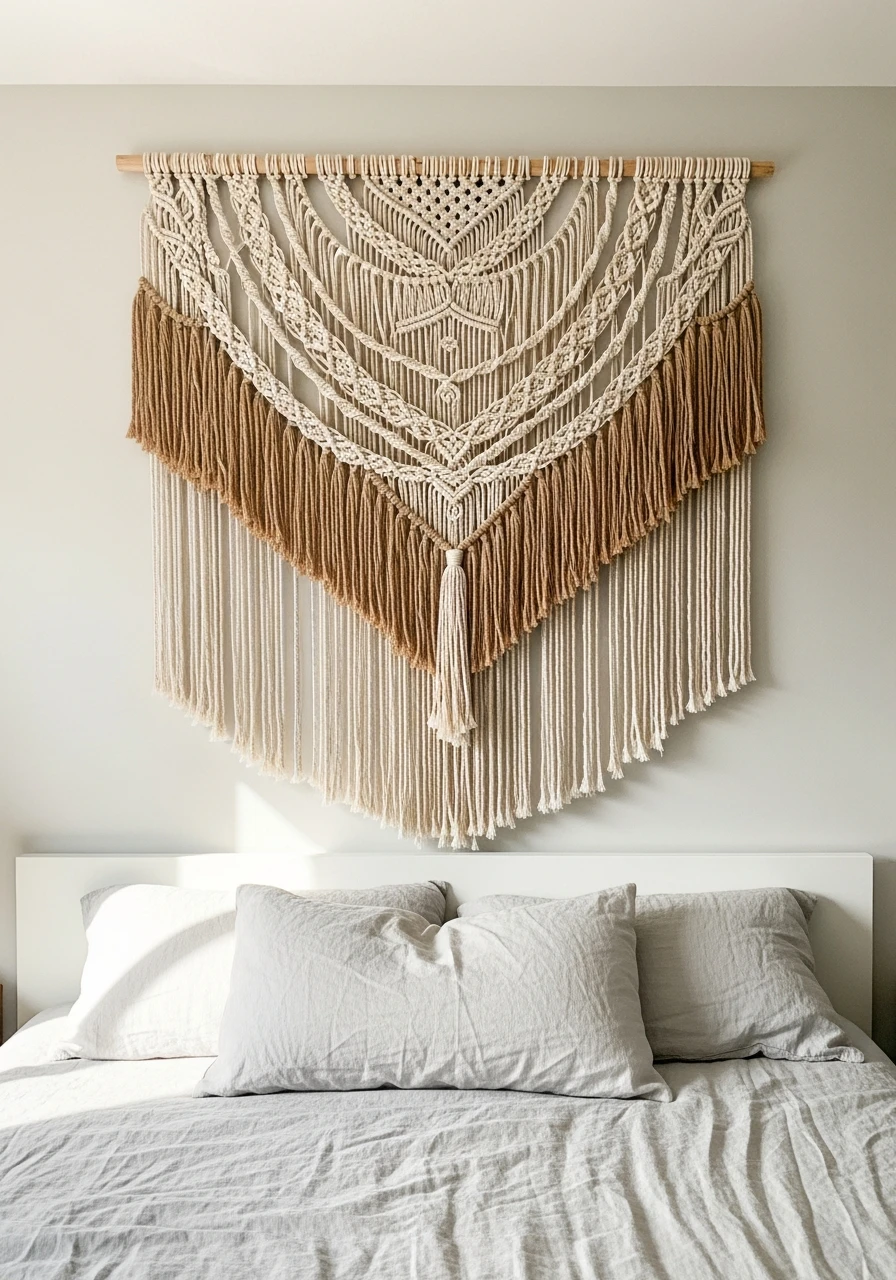Cozy Macrame Wall Hanging - 50 Genius Over the Bed Wall Decor Ideas That Look Expensive