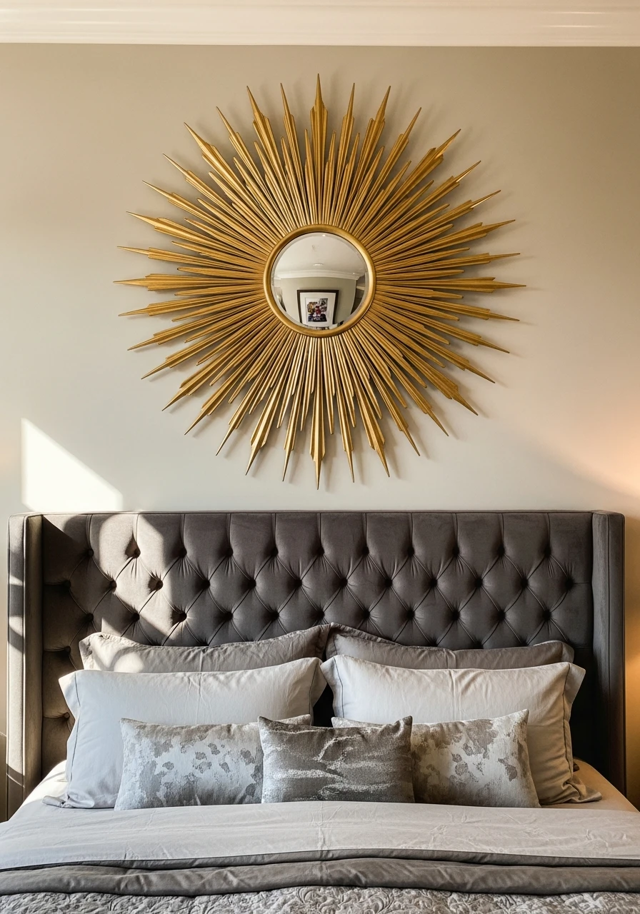 Focal Point Sunburst Mirror - 50 Genius Over the Bed Wall Decor Ideas That Look Expensive