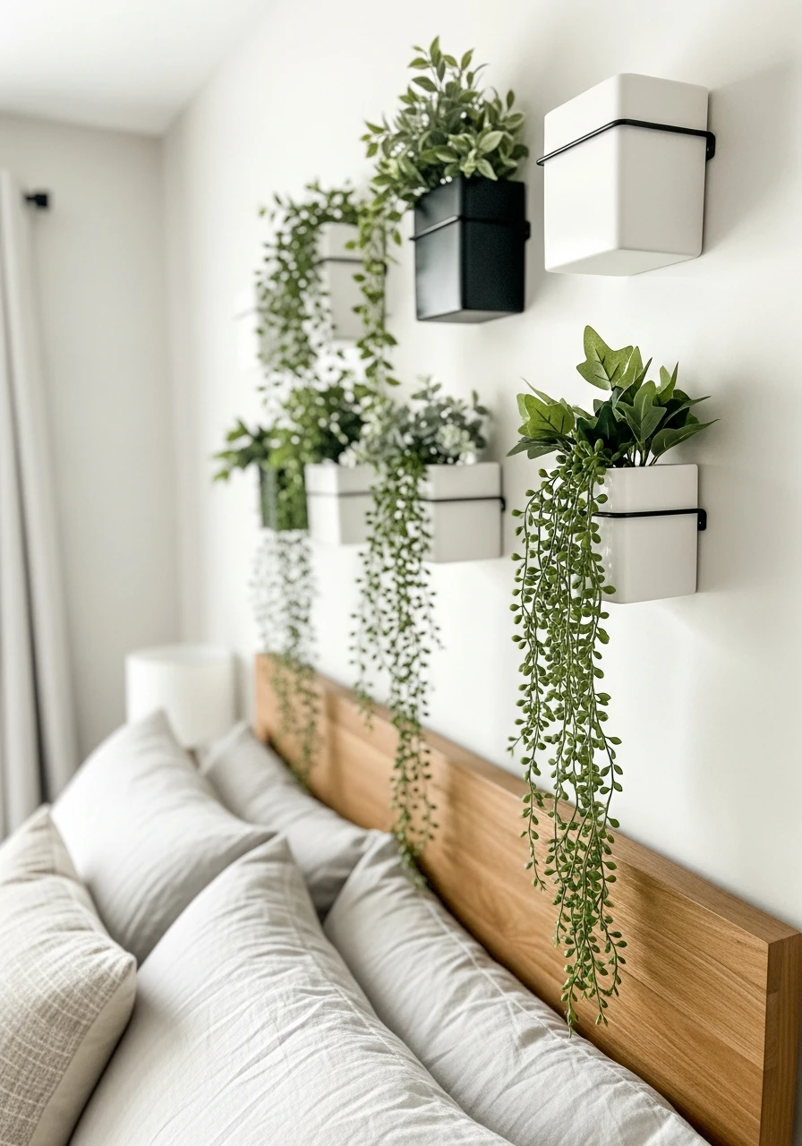 Greenery With Wall Planters - 50 Genius Over the Bed Wall Decor Ideas That Look Expensive