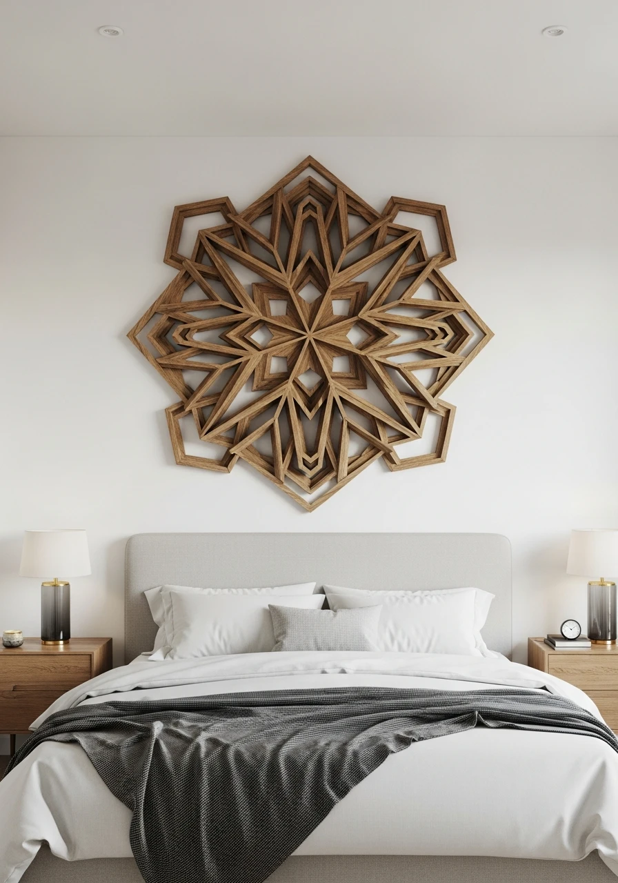 Warm Geometric Wood Art - 50 Genius Over the Bed Wall Decor Ideas That Look Expensive