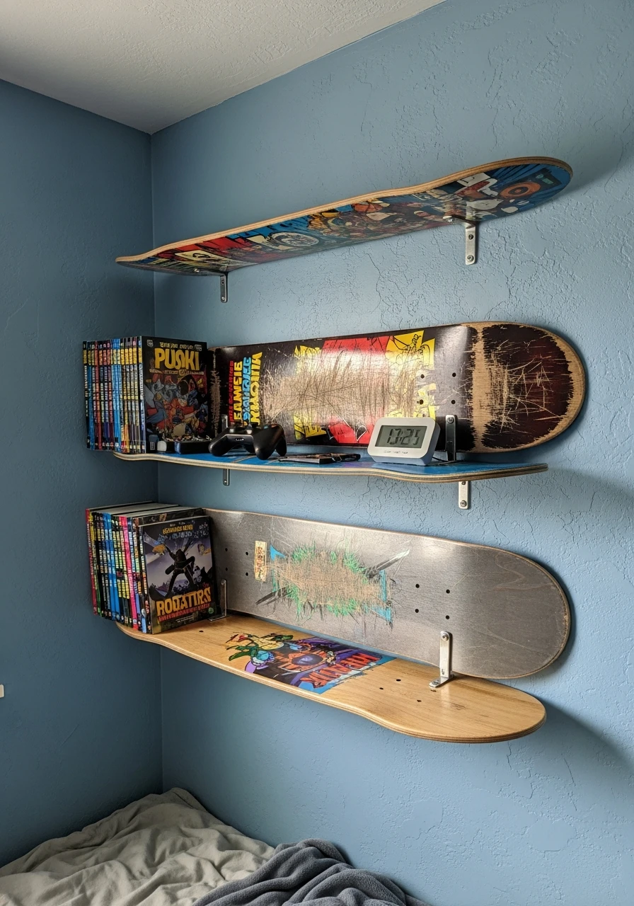 Skateboard Deck Shelves - Preteen boys bedroom ideas