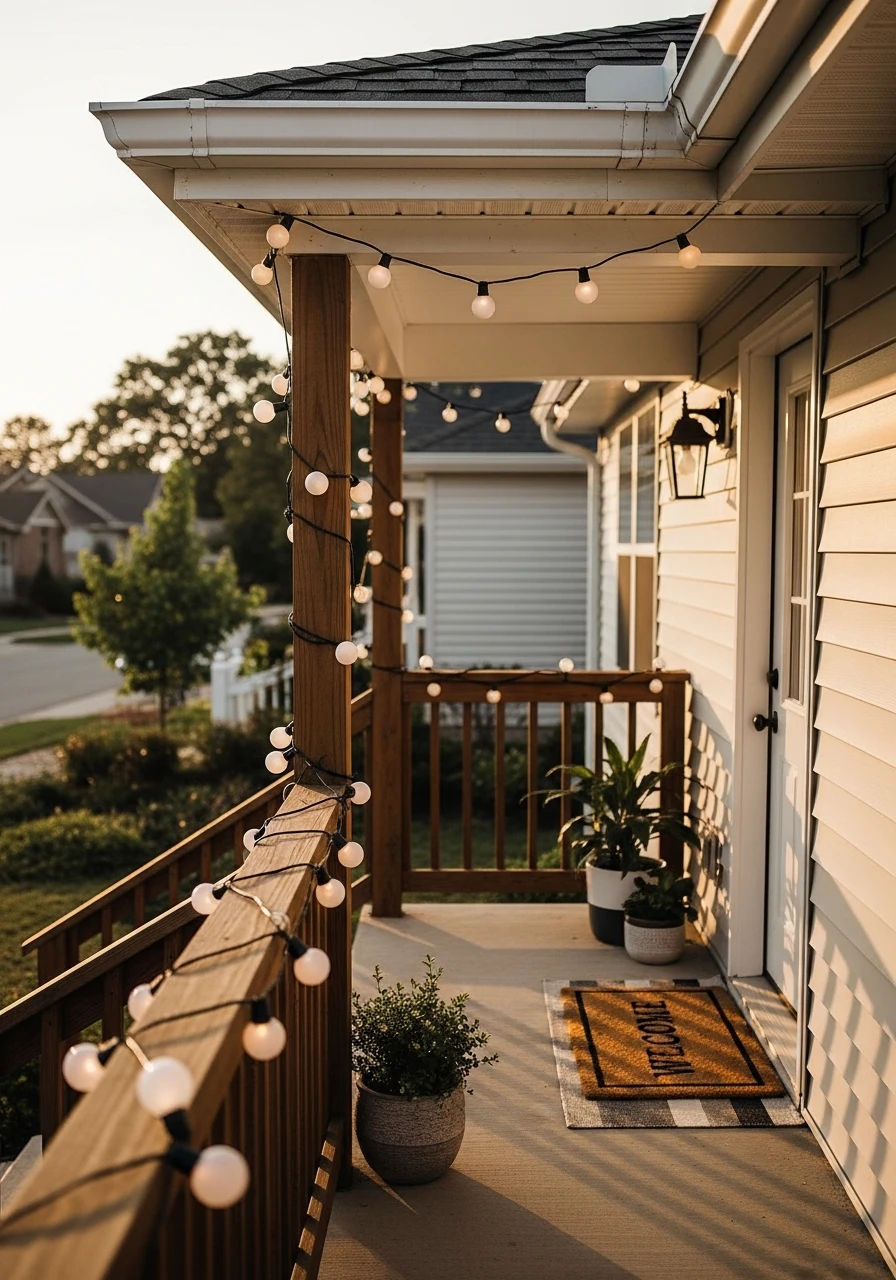 Simple String Lighting - 50 Small Front Porch Decorating Ideas That Look Expensive (But Are Totally Budget-Friendly)