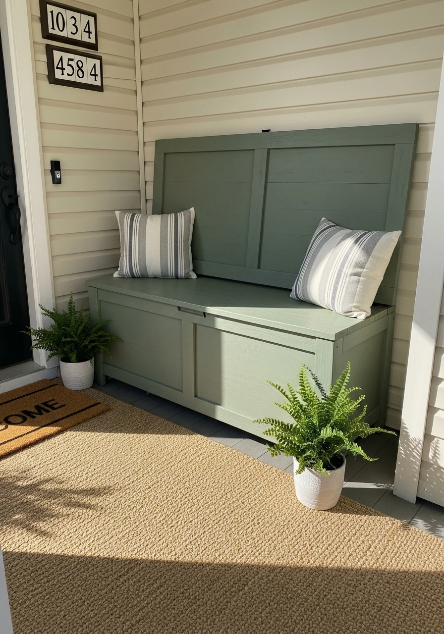 Bench with Hidden Storage - 50 Small Front Porch Decorating Ideas That Look Expensive (But Are Totally Budget-Friendly)