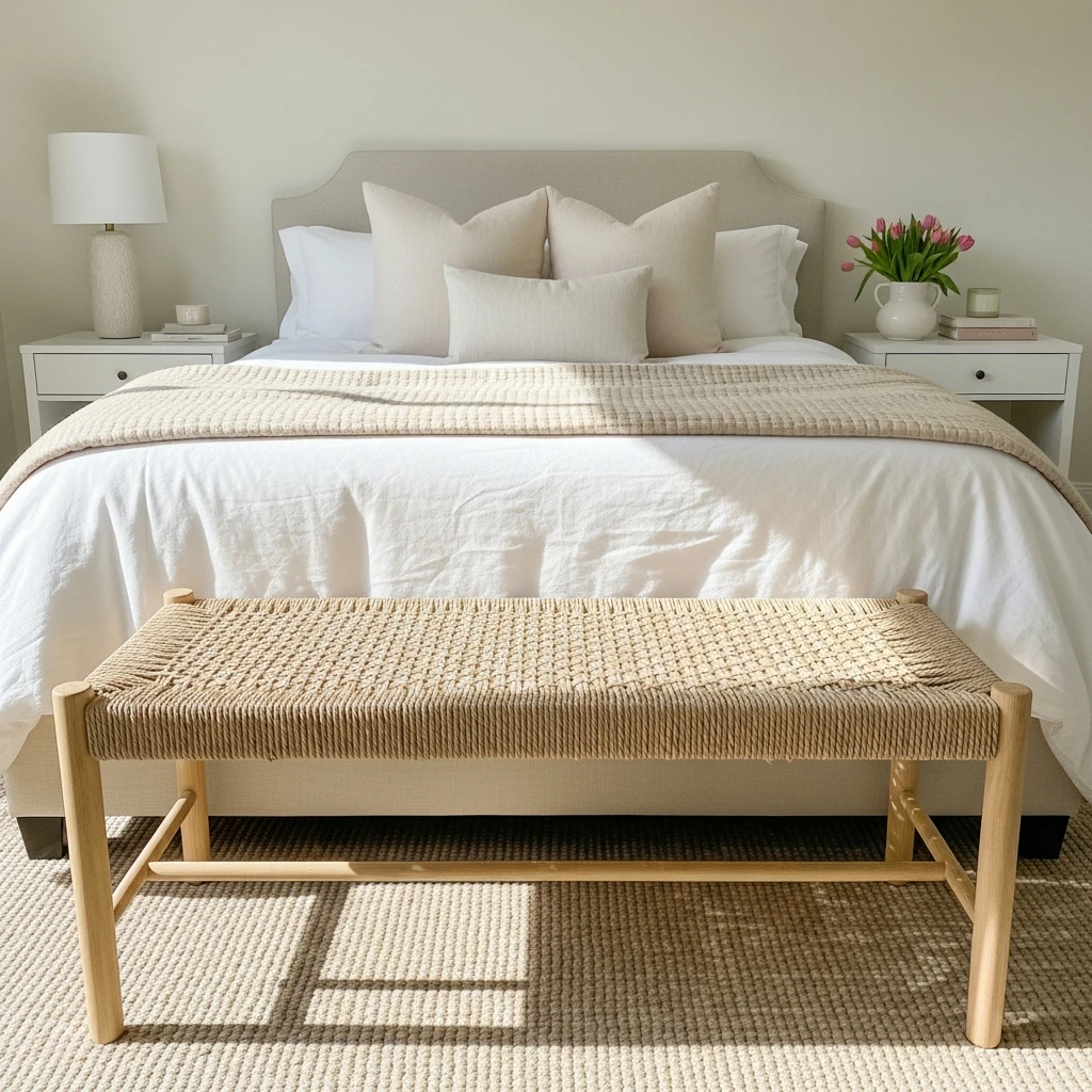 Rattan or Woven Bed Bench - 50 Easy Spring Bedroom Ideas To Refresh Your Space Now