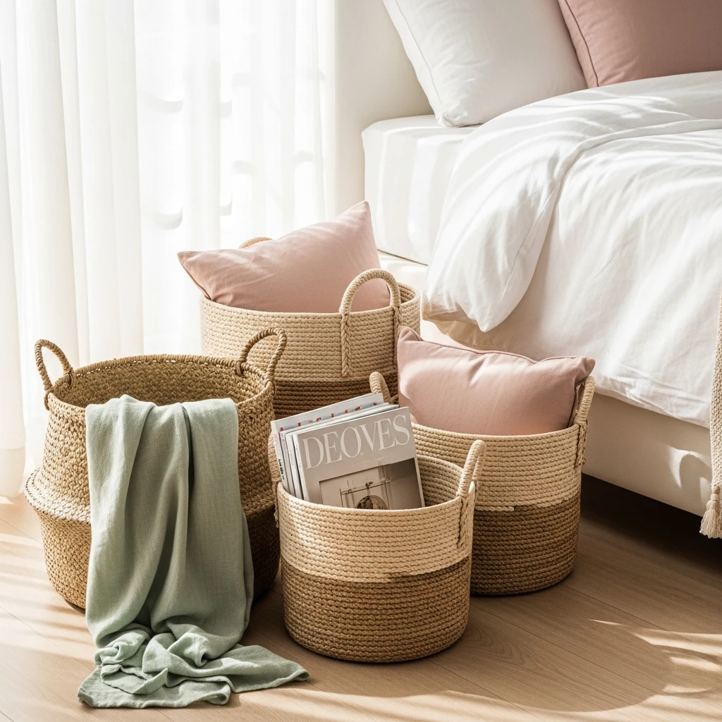 Woven Storage Baskets - 50 Easy Spring Bedroom Ideas To Refresh Your Space Now