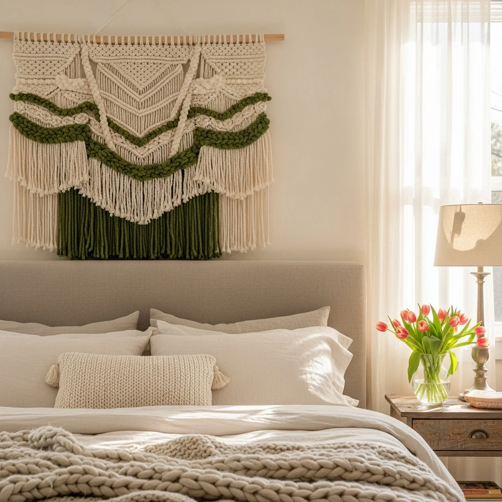 Macramé or Woven Wall Decor - 50 Easy Spring Bedroom Ideas To Refresh Your Space Now