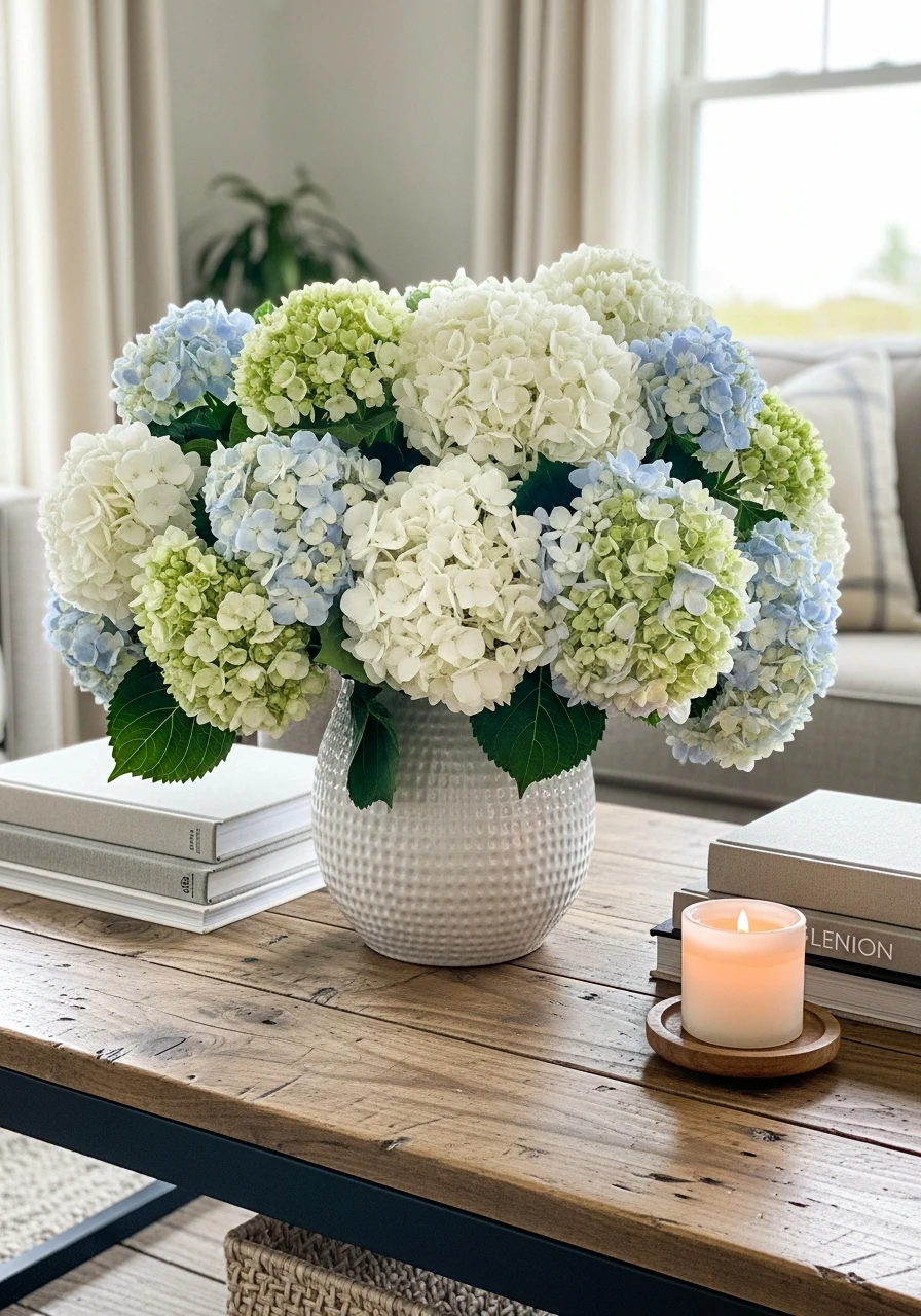 Lush Hydrangea Centerpiece - 50 Easy Spring Coffee Table Decor Ideas for a Fresh Look