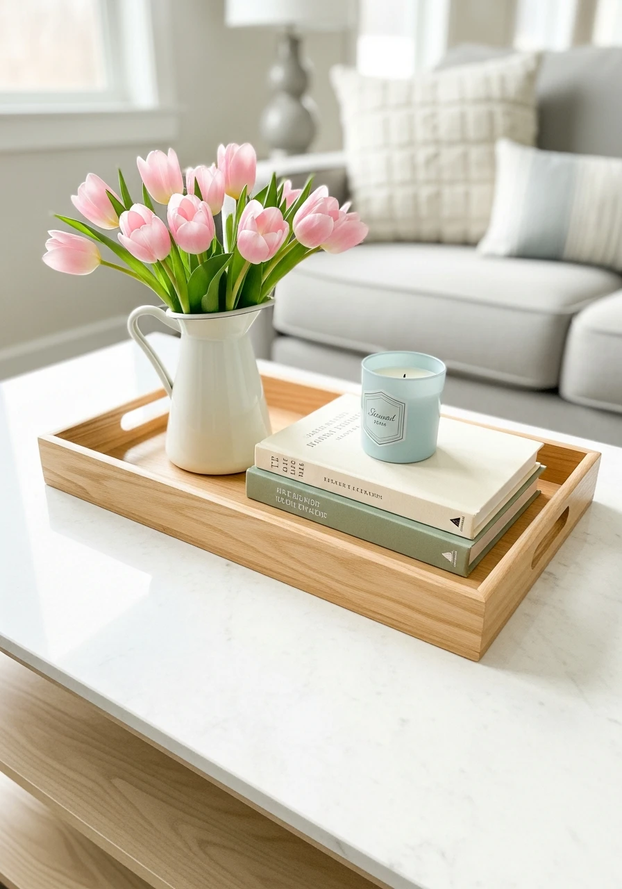 Use A Simple Wooden Tray - 50 Easy Spring Coffee Table Decor Ideas for a Fresh Look
