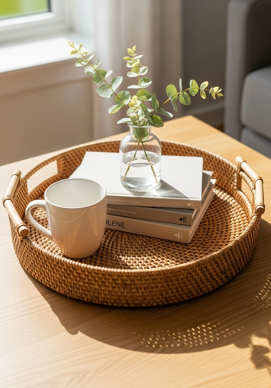 Natural Rattan Tray Texture - 50 Easy Spring Coffee Table Decor Ideas for a Fresh Look