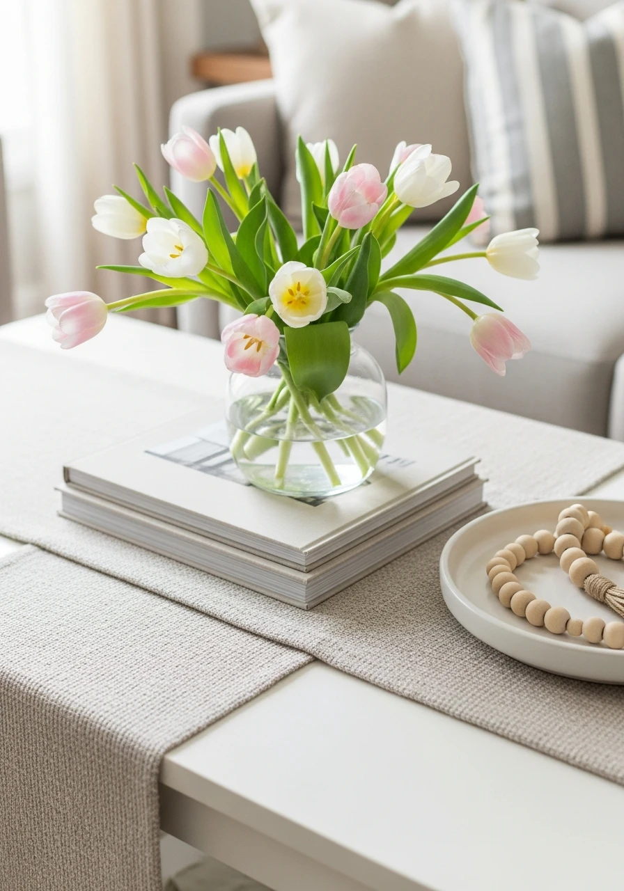 Soft Linen Runner Base - 50 Easy Spring Coffee Table Decor Ideas for a Fresh Look