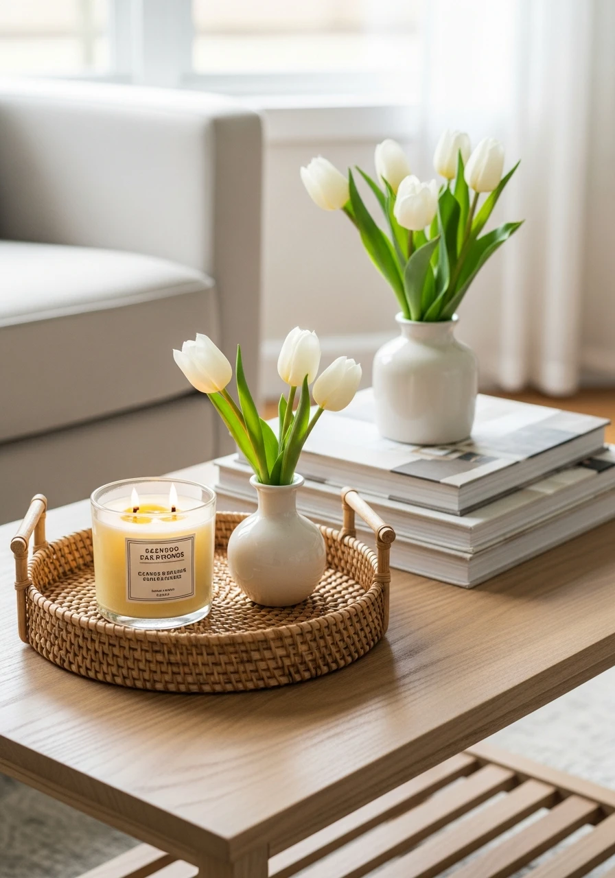 Floral Scented Candle - 50 Easy Spring Coffee Table Decor Ideas for a Fresh Look