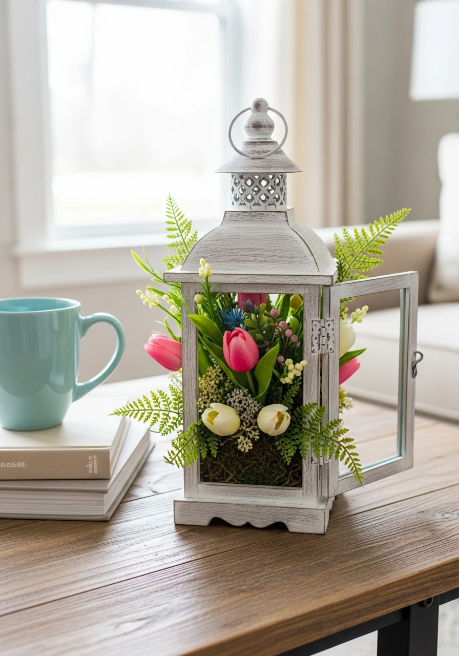 Lantern With Faux Florals - 50 Easy Spring Coffee Table Decor Ideas for a Fresh Look