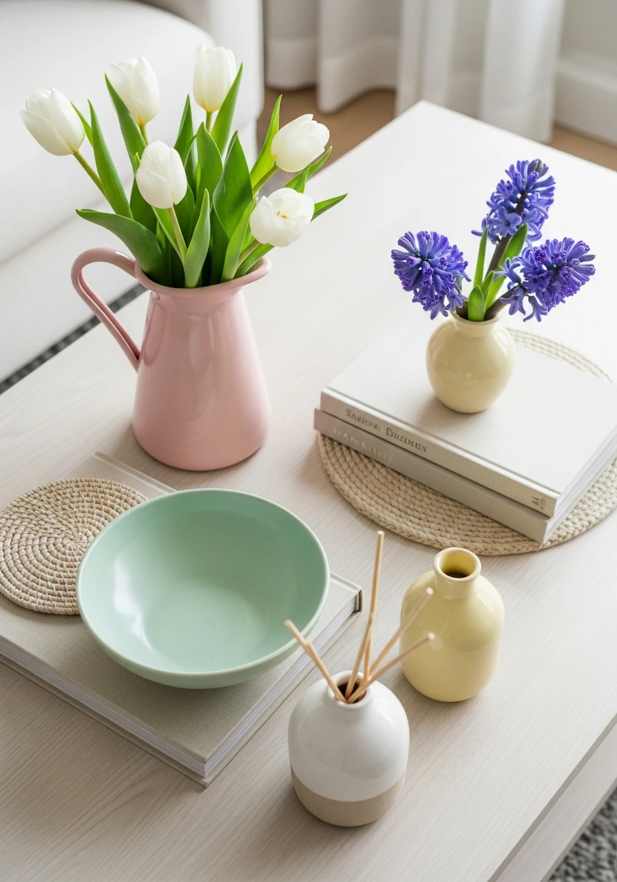 Mix Pastel Ceramics - 50 Easy Spring Coffee Table Decor Ideas for a Fresh Look