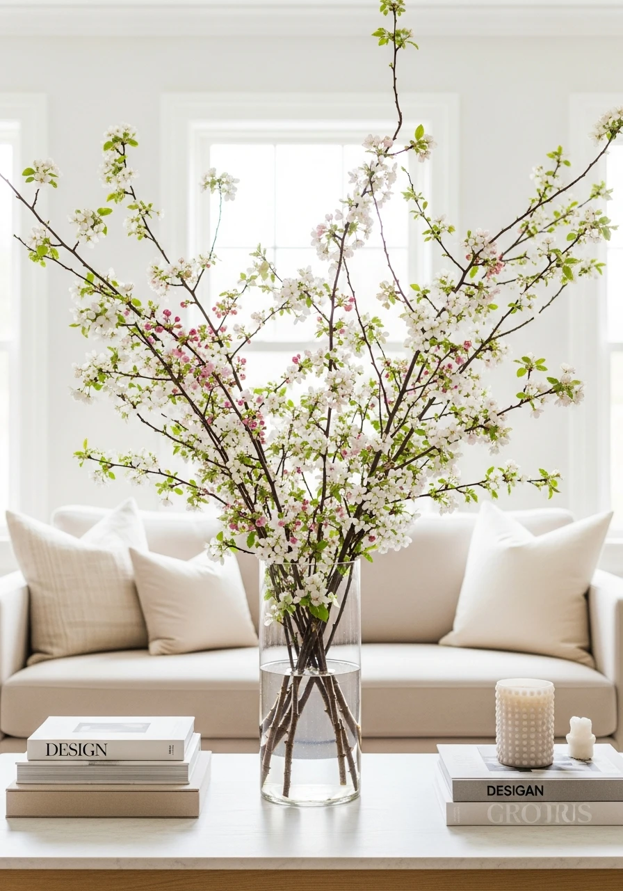 Tall Flowering Branches - 50 Easy Spring Coffee Table Decor Ideas for a Fresh Look