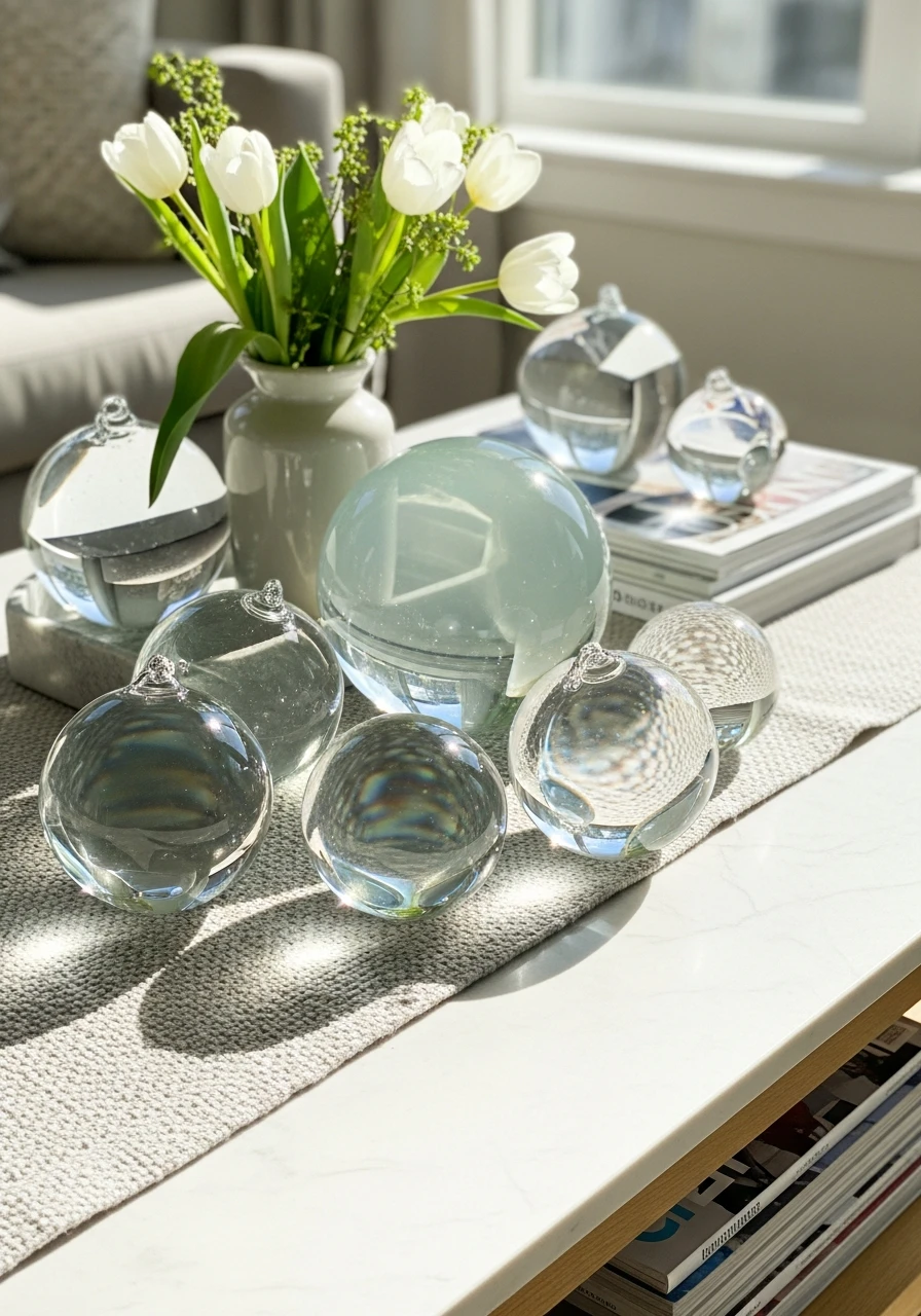 Clear Glass Orb Decor - 50 Easy Spring Coffee Table Decor Ideas for a Fresh Look