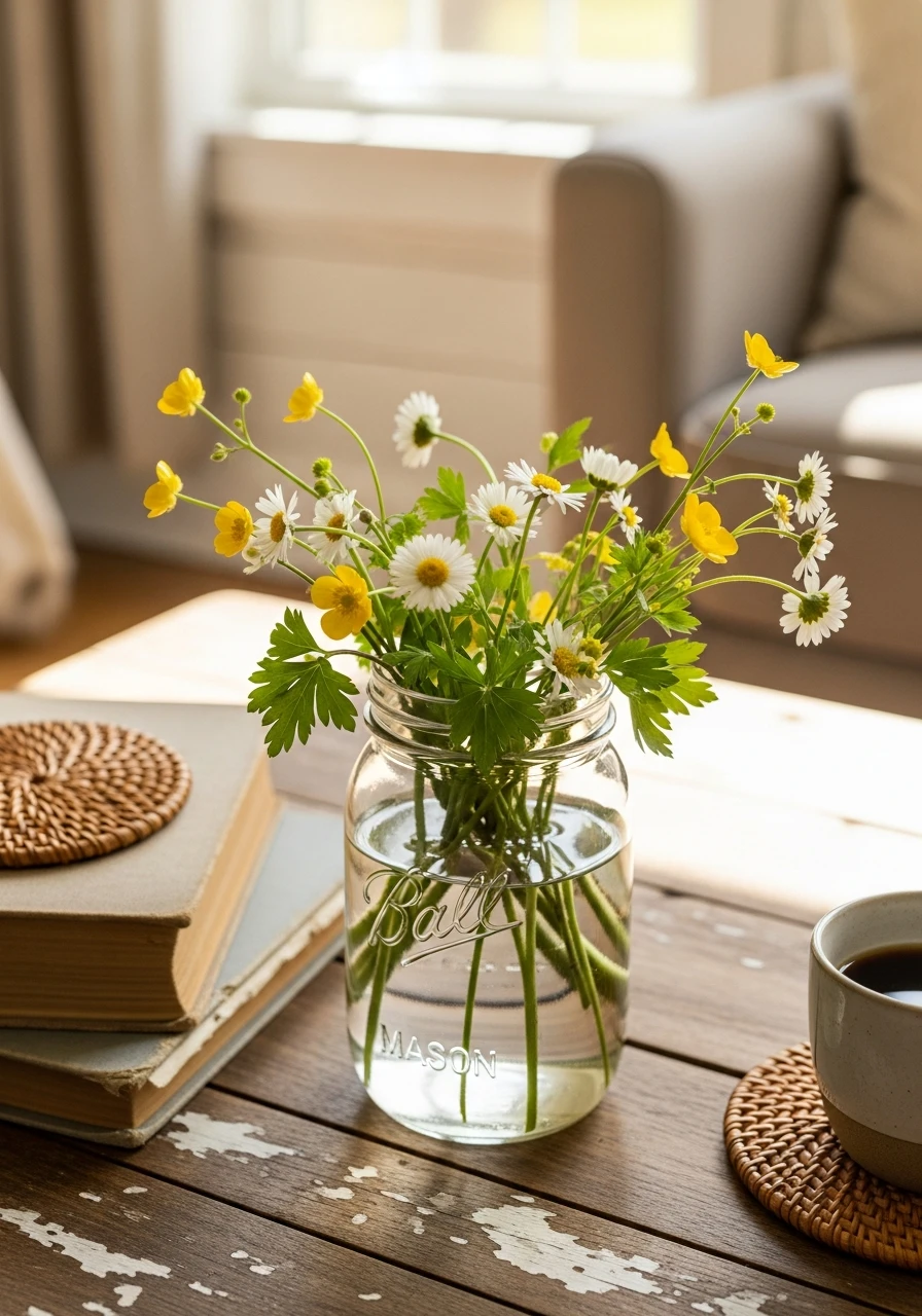 Mason Jar Wildflower Look - 50 Easy Spring Coffee Table Decor Ideas for a Fresh Look