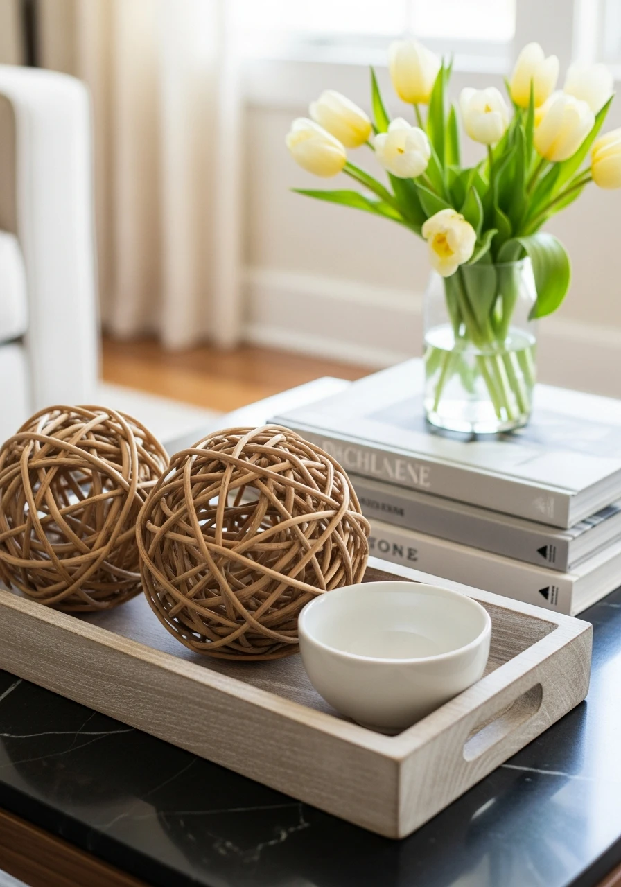 Rattan Spheres For Texture - 50 Easy Spring Coffee Table Decor Ideas for a Fresh Look