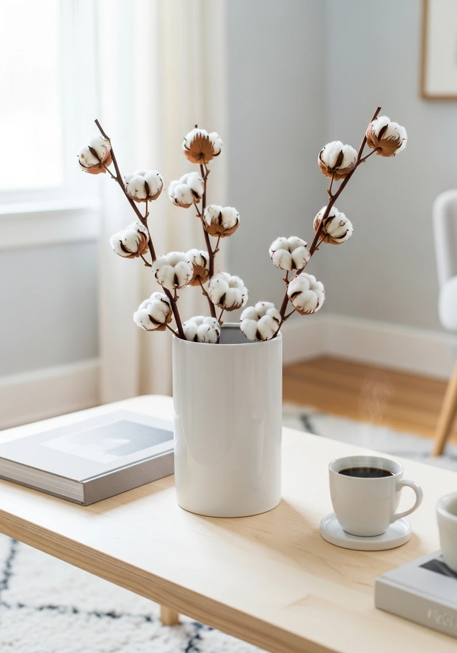 Clean Cotton Stem Display - 50 Easy Spring Coffee Table Decor Ideas for a Fresh Look