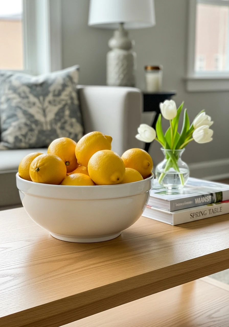 Bright Bowl Of Lemons - 50 Easy Spring Coffee Table Decor Ideas for a Fresh Look