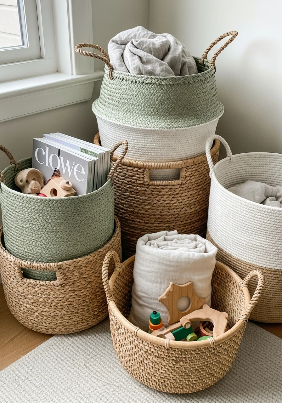 Woven Basket Storage - 50 Spring Living Room Decor Ideas