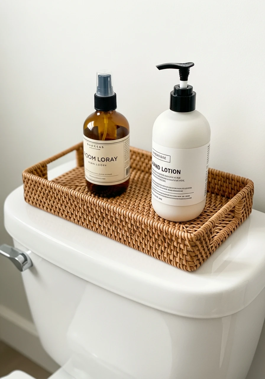 Warm Woven Tray Storage - 50 Stylish Toilet Tank Decor Ideas for a High-End Bathroom Look