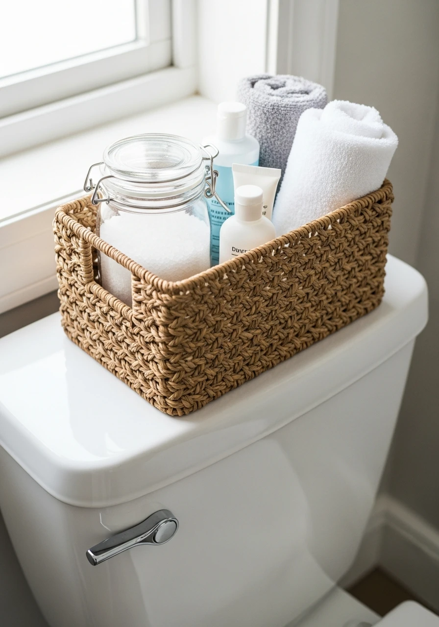 Practical Woven Basket - 50 Stylish Toilet Tank Decor Ideas for a High-End Bathroom Look