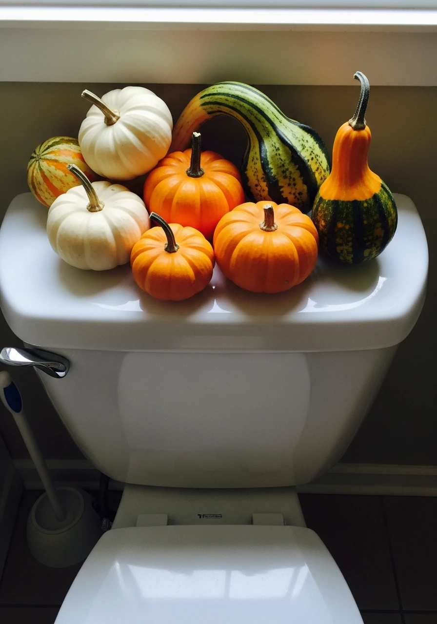 Seasonal Mini Pumpkins - 50 Stylish Toilet Tank Decor Ideas for a High-End Bathroom Look