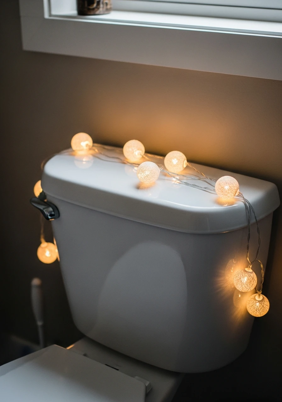 Cozy Battery String Lights - 50 Stylish Toilet Tank Decor Ideas for a High-End Bathroom Look