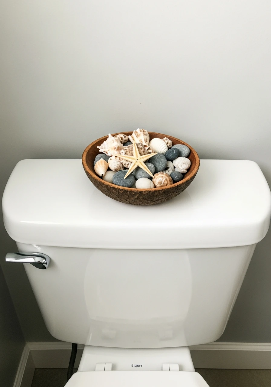 Summer Coastal Shell Bowl - 50 Stylish Toilet Tank Decor Ideas for a High-End Bathroom Look