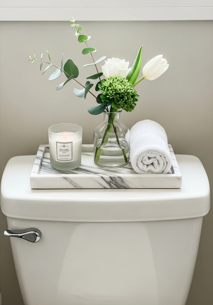 Upscale Marble Tray Look - 50 Stylish Toilet Tank Decor Ideas for a High-End Bathroom Look