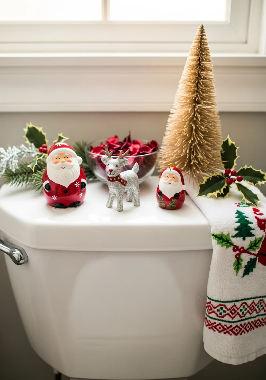 Festive Holiday Figurines - 50 Stylish Toilet Tank Decor Ideas for a High-End Bathroom Look