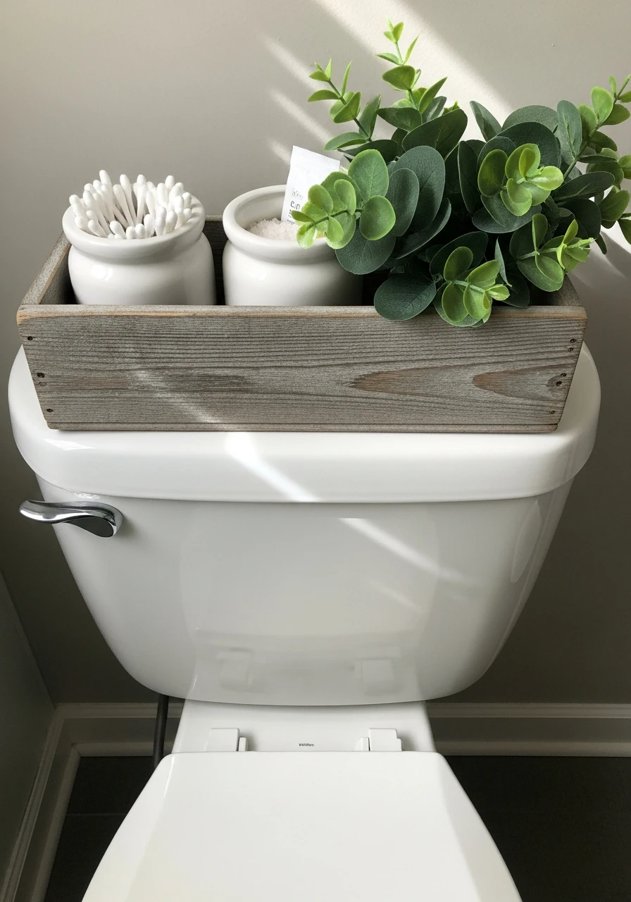 Rustic Wooden Farmhouse Caddy - 50 Stylish Toilet Tank Decor Ideas for a High-End Bathroom Look