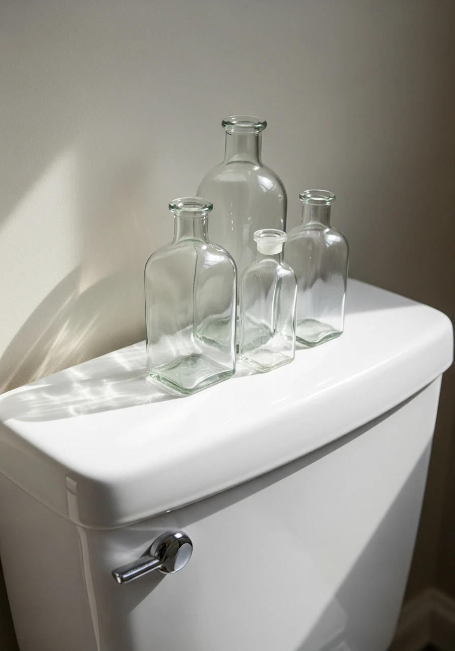 Elegant Glass Bottles - 50 Stylish Toilet Tank Decor Ideas for a High-End Bathroom Look