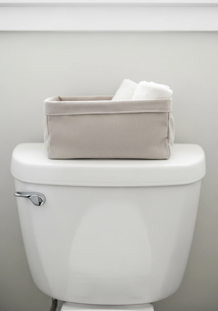 Soft Linen Basket - 50 Stylish Toilet Tank Decor Ideas for a High-End Bathroom Look