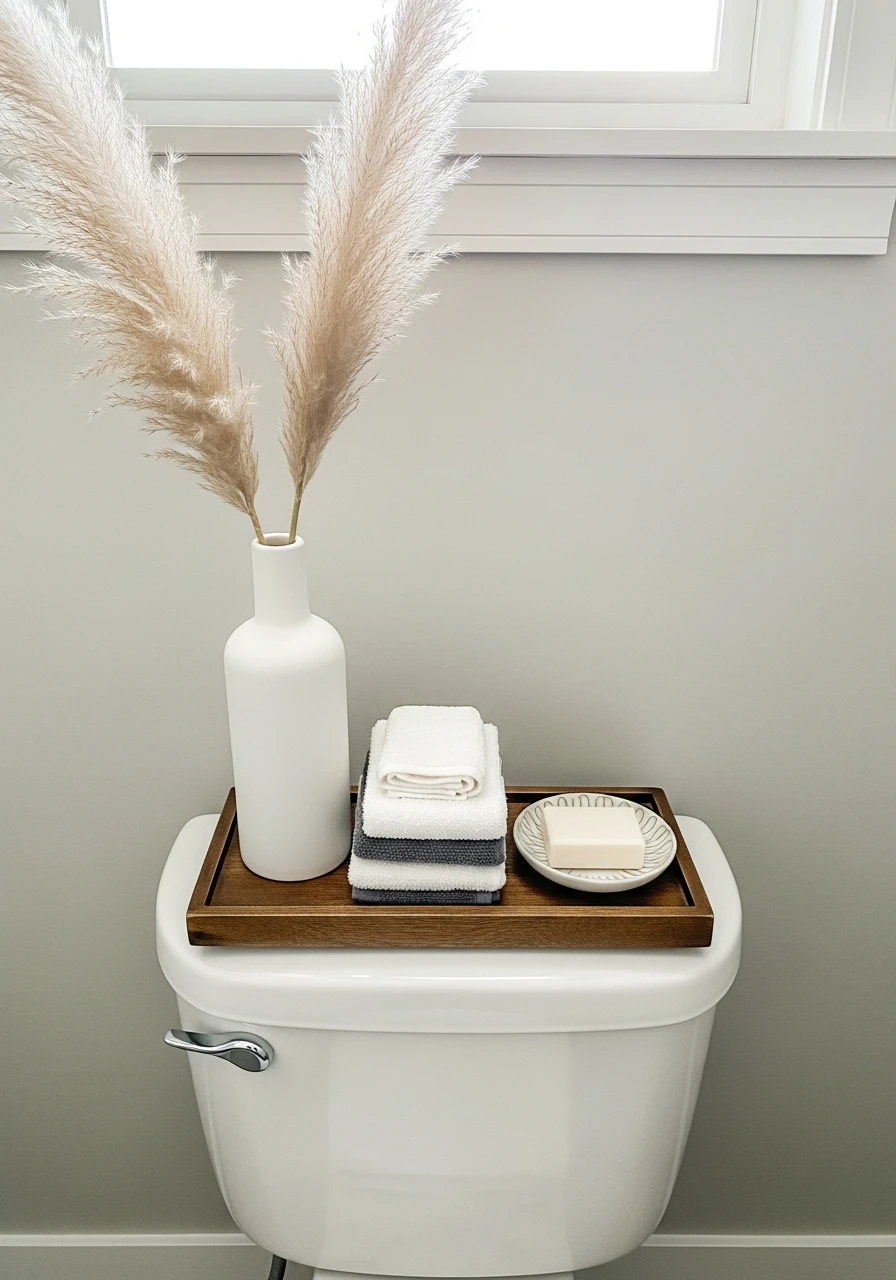 Layer Items By Height - 50 Stylish Toilet Tank Decor Ideas for a High-End Bathroom Look