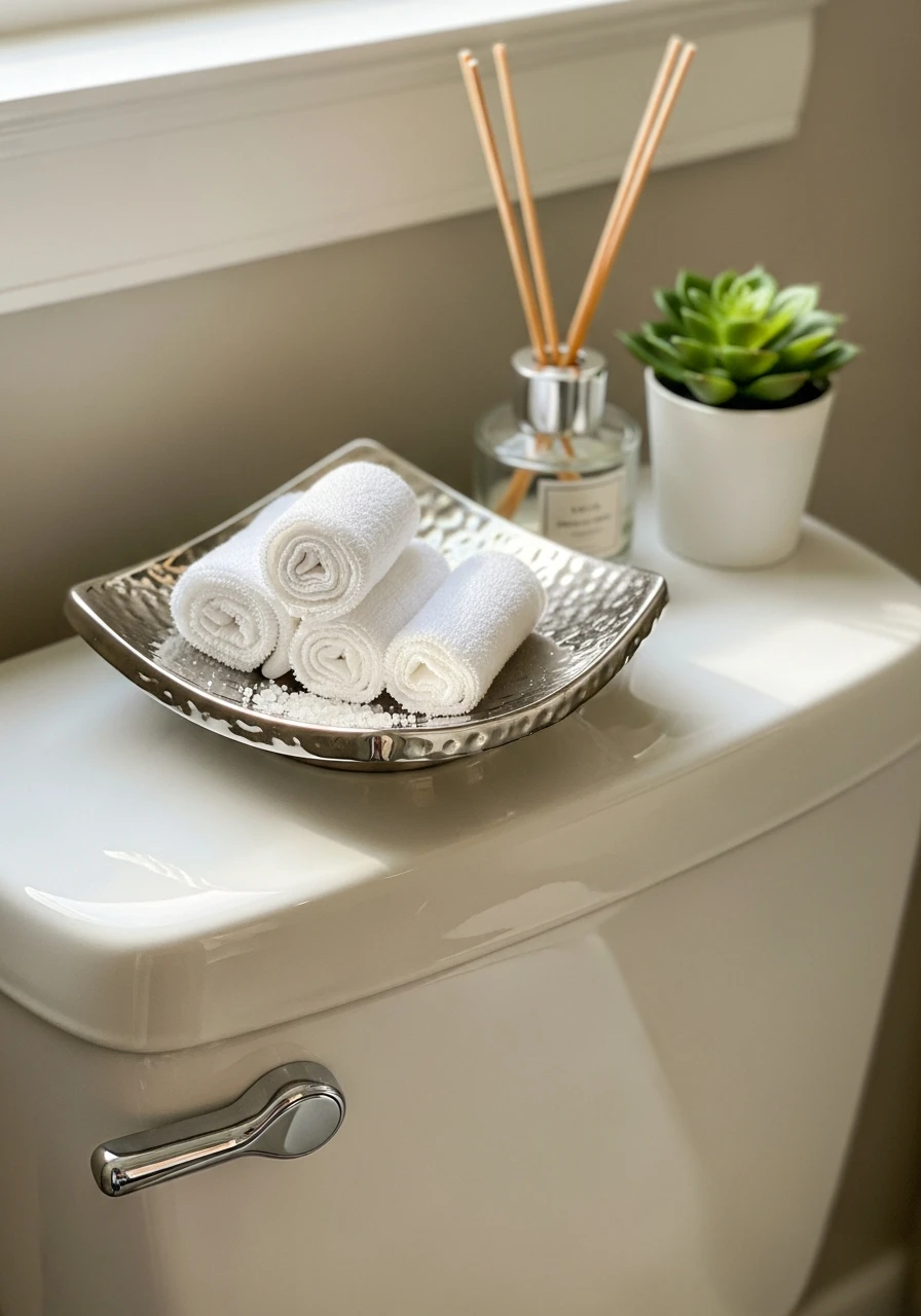 Glamorous Metallic Dish - 50 Stylish Toilet Tank Decor Ideas for a High-End Bathroom Look