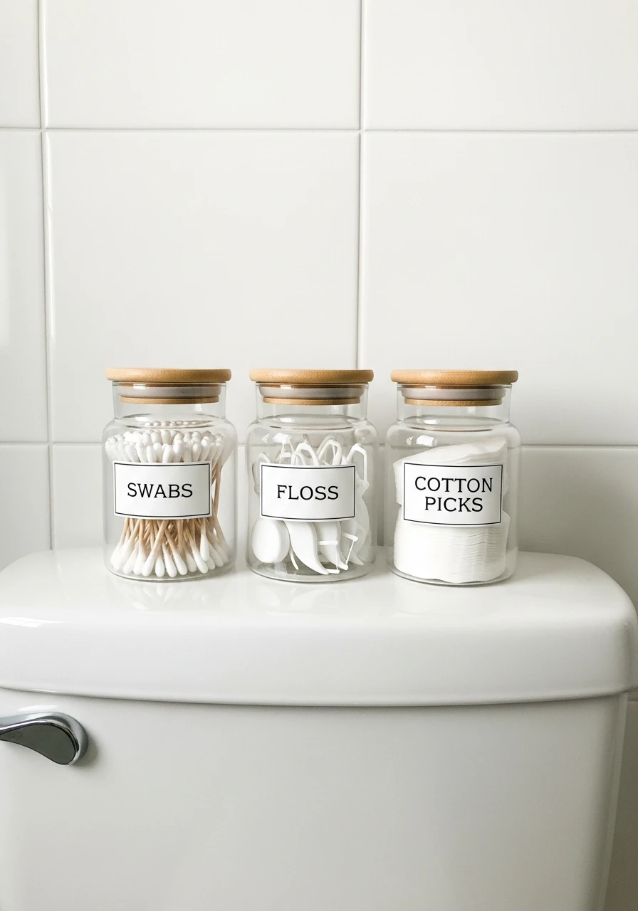 Cohesive Labeled Jars - 50 Stylish Toilet Tank Decor Ideas for a High-End Bathroom Look