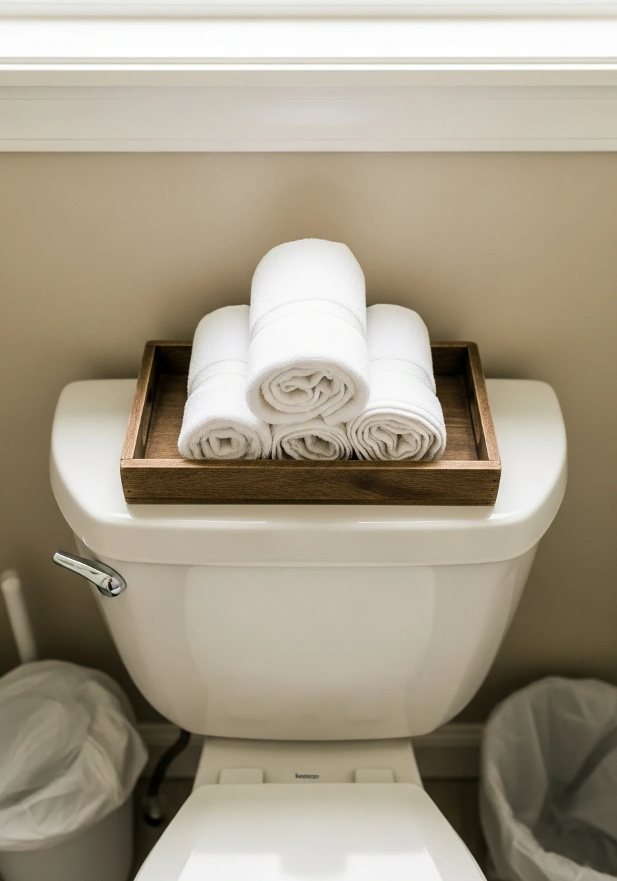 Rolled Guest Towel Display - 50 Stylish Toilet Tank Decor Ideas for a High-End Bathroom Look