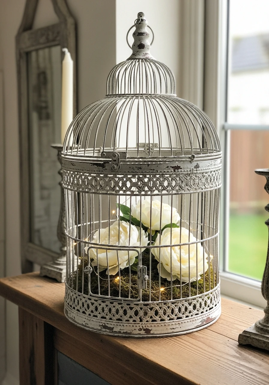 Distressed White Farmhouse Cage - 50 Vintage Bird Cage Decor Ideas That Look High-End on a Budget