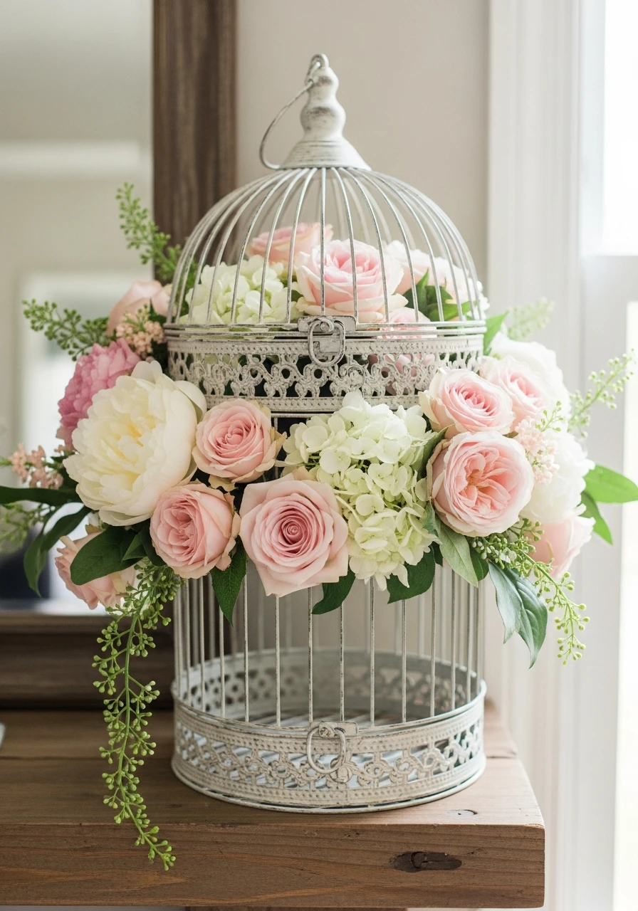 Romantic Floral Filler - 50 Vintage Bird Cage Decor Ideas That Look High-End on a Budget