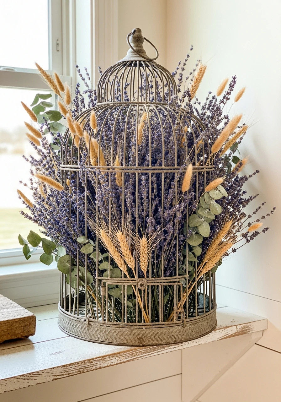 Farmhouse Dried Lavender - 50 Vintage Bird Cage Decor Ideas That Look High-End on a Budget