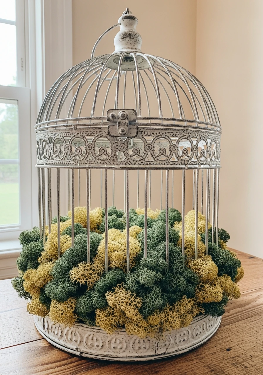 Soft Preserved Moss Base - 50 Vintage Bird Cage Decor Ideas That Look High-End on a Budget
