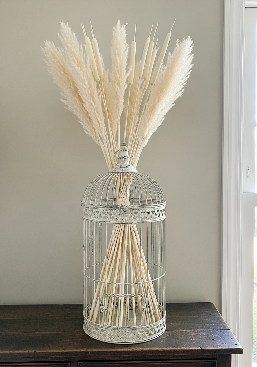 Tall Botanical Stem Display - 50 Vintage Bird Cage Decor Ideas That Look High-End on a Budget