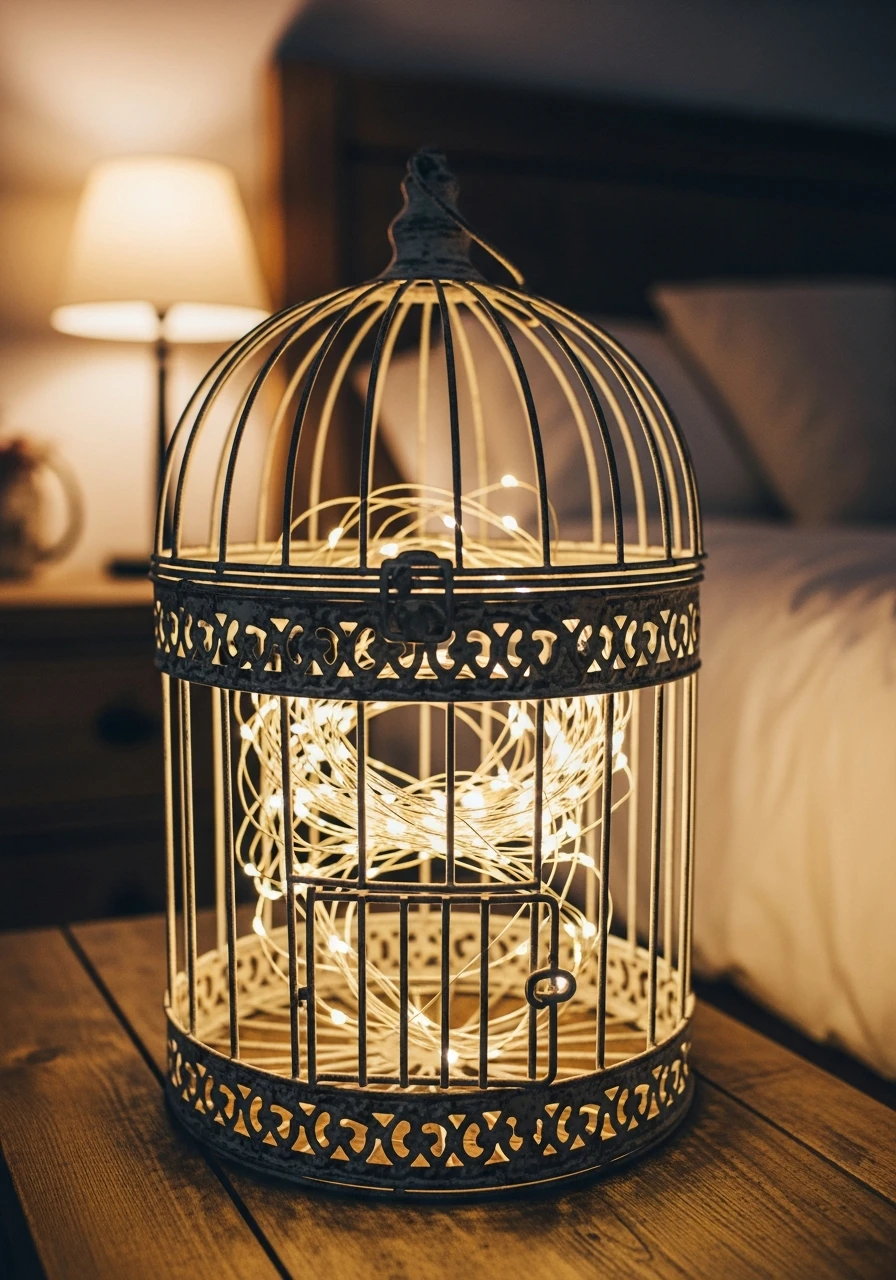 Romantic Fairy Light Wrap - 50 Vintage Bird Cage Decor Ideas That Look High-End on a Budget