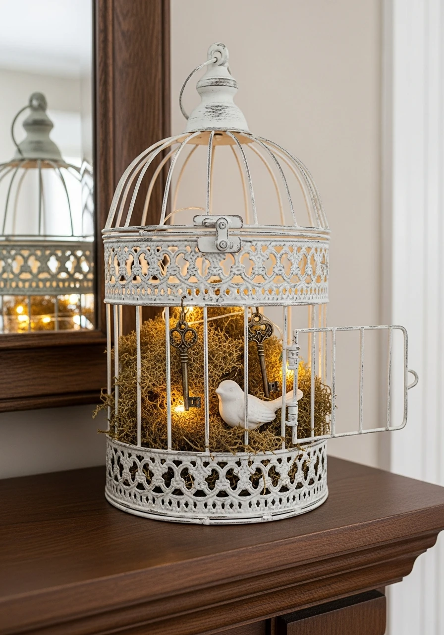 Seasonal Light Technique - 50 Vintage Bird Cage Decor Ideas That Look High-End on a Budget