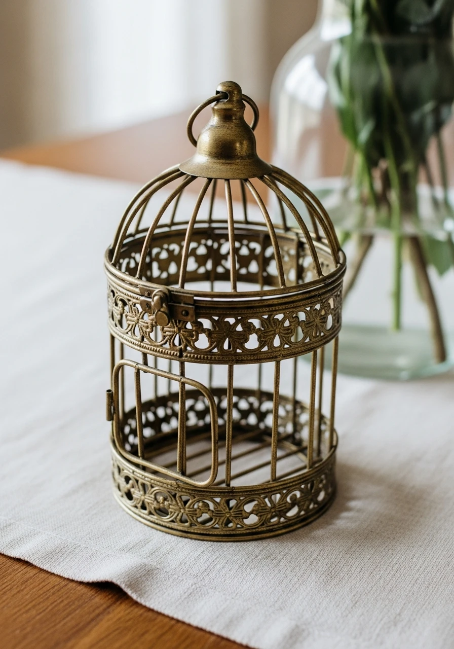Warm Brass Table Accent - 50 Vintage Bird Cage Decor Ideas That Look High-End on a Budget