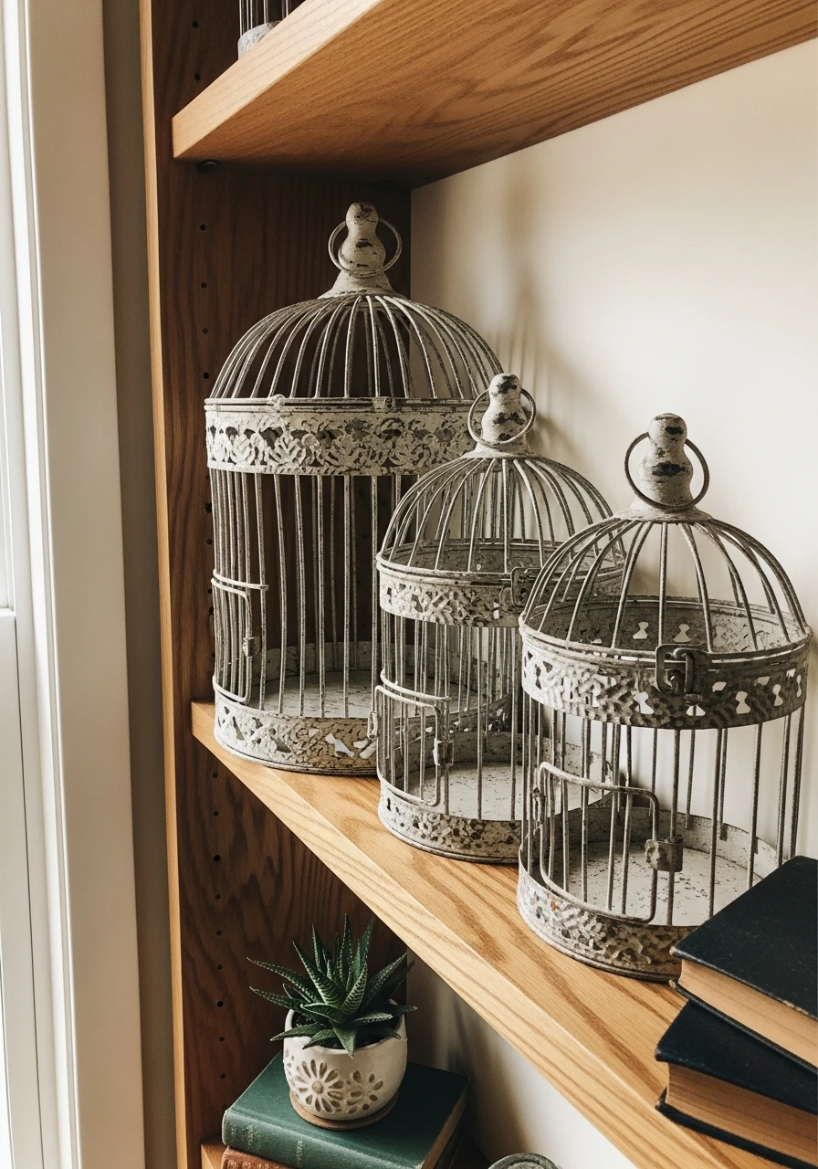 Mini Cage Shelf Display - 50 Vintage Bird Cage Decor Ideas That Look High-End on a Budget
